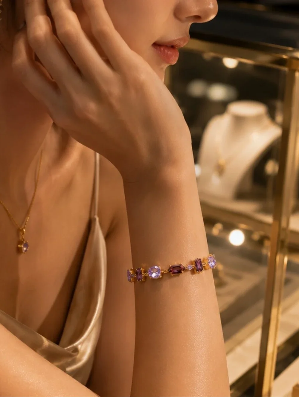 Gold Bracelet with Purple and Lavender Gemstones